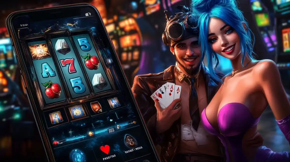 Happy casino couple with blue-haired woman in purple dress and man in goggles holding poker cards next to mobile slot game