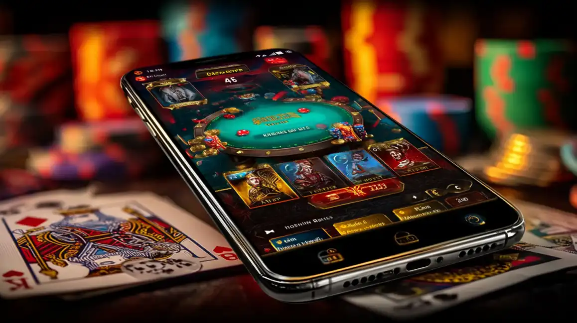 Smartphone showing casino poker table interface with character avatars surrounded by real playing cards and chips