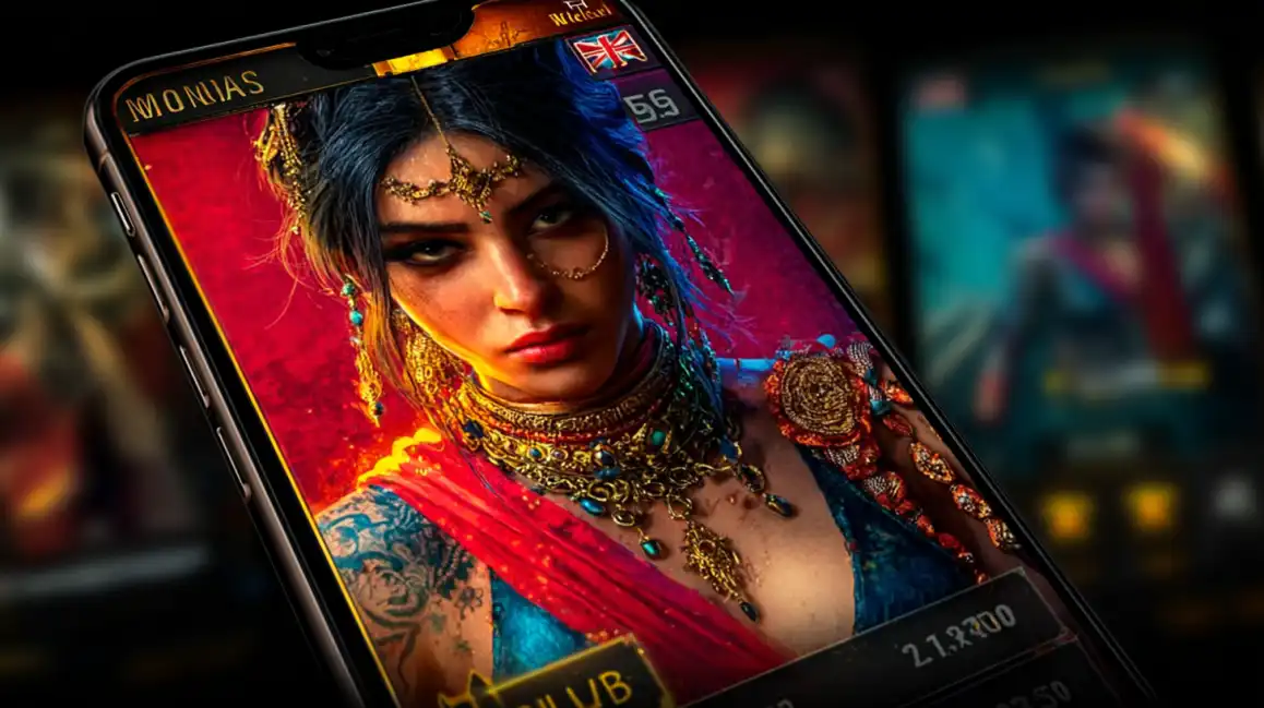 Mobile phone displaying exotic Indian woman with golden jewelry and ornate clothing in casino slot game interface