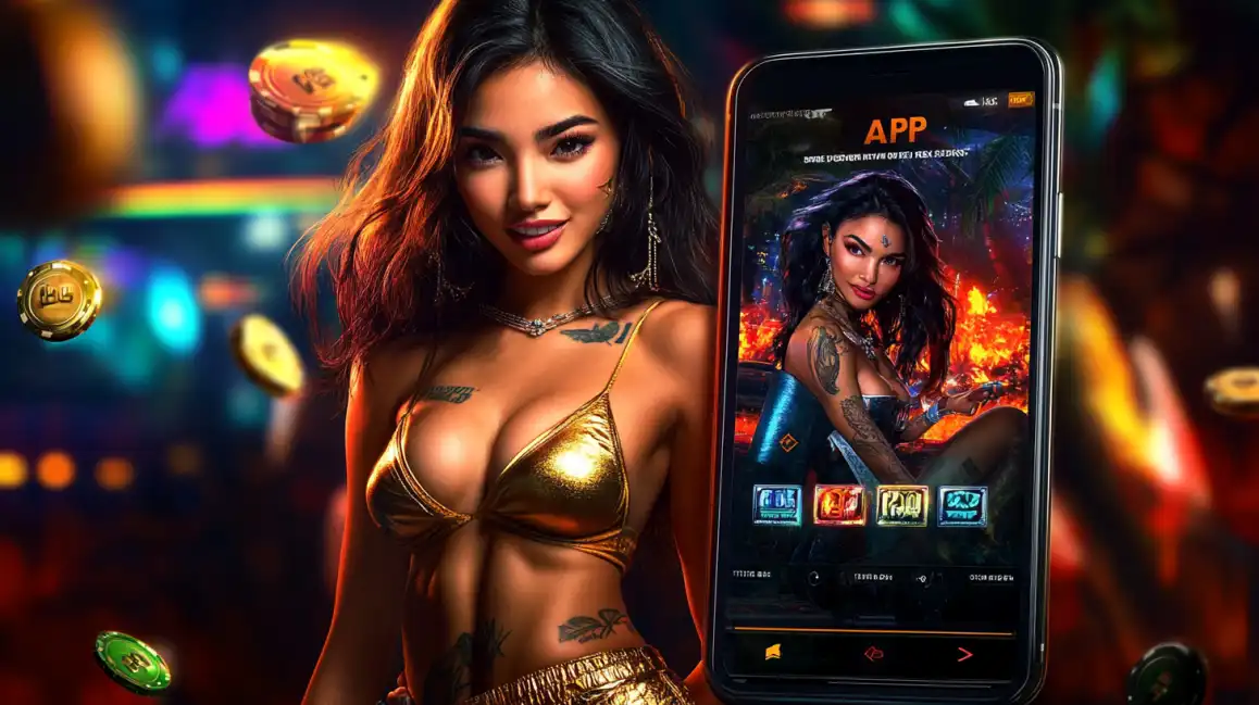 Beautiful tattooed woman in golden bikini holding smartphone displaying casino app with warrior character and floating chips