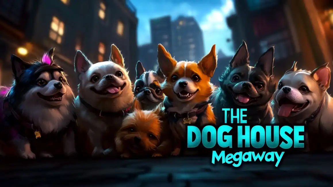 Group of adorable cartoon dogs of different breeds representing The Dog House Megaway slot game in city setting
