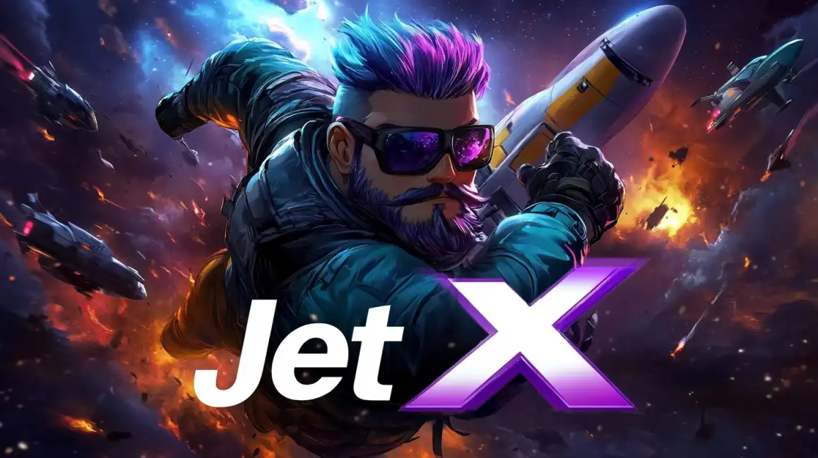 Cool pilot character in sunglasses with purple hair surrounded by missiles representing Jet X casino crash game