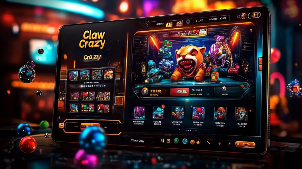 Tablet displaying Claw Crazy casino game interface with colorful characters and floating casino chips in background