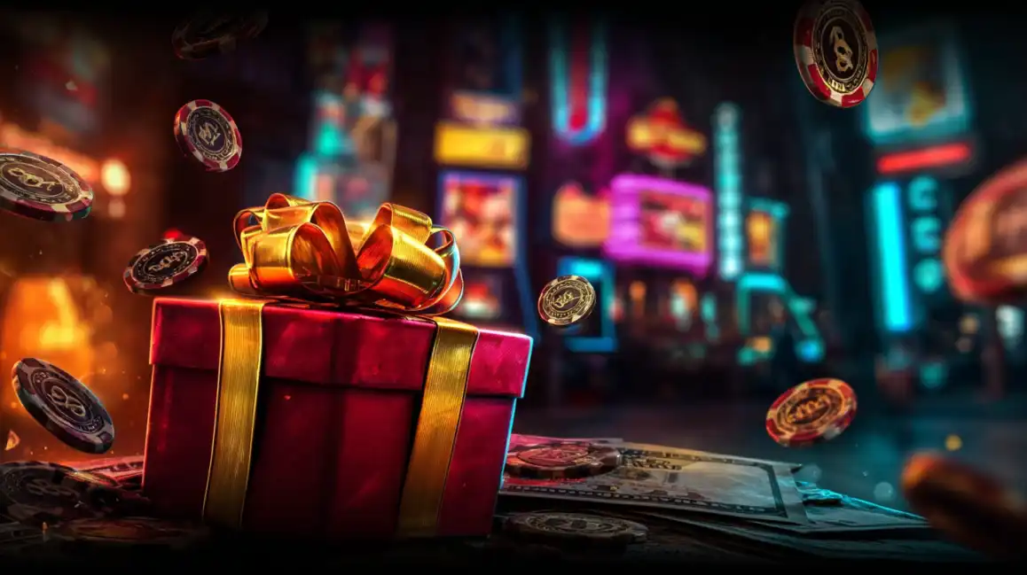 Luxurious red gift box with golden bow surrounded by floating casino chips and cards in vibrant casino environment
