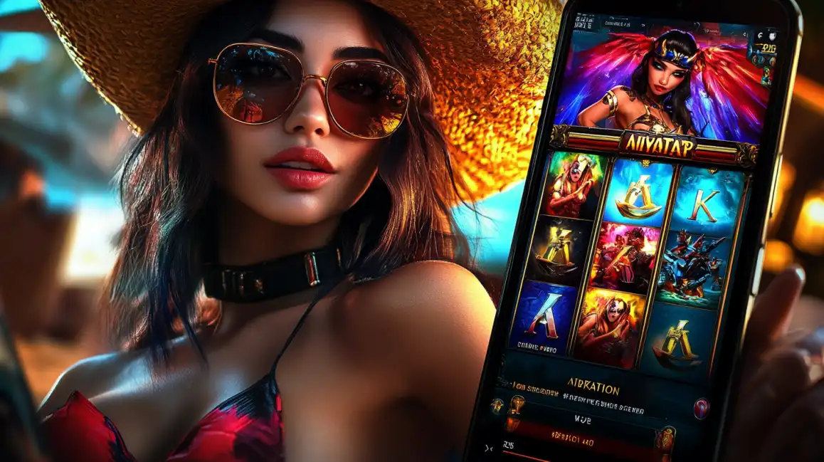 Stylish woman in sunglasses and red bikini holding smartphone displaying Avatar mobile slot game with fantasy characters