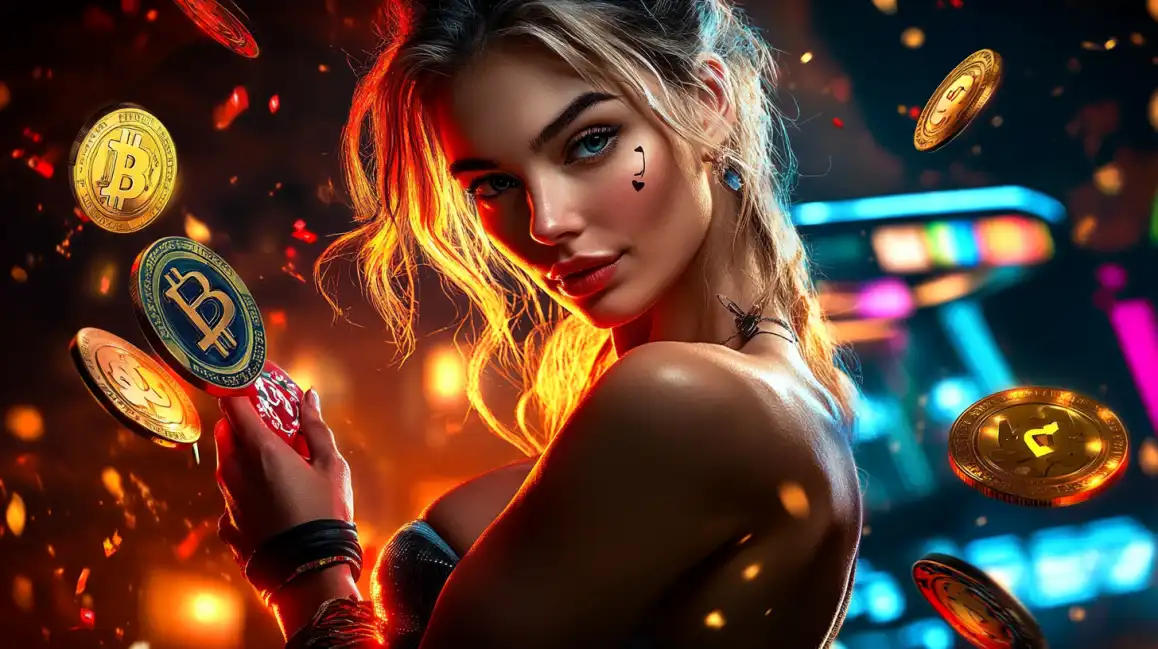 Beautiful blonde woman with face tattoos holding red casino chip surrounded by floating Bitcoin and casino coins