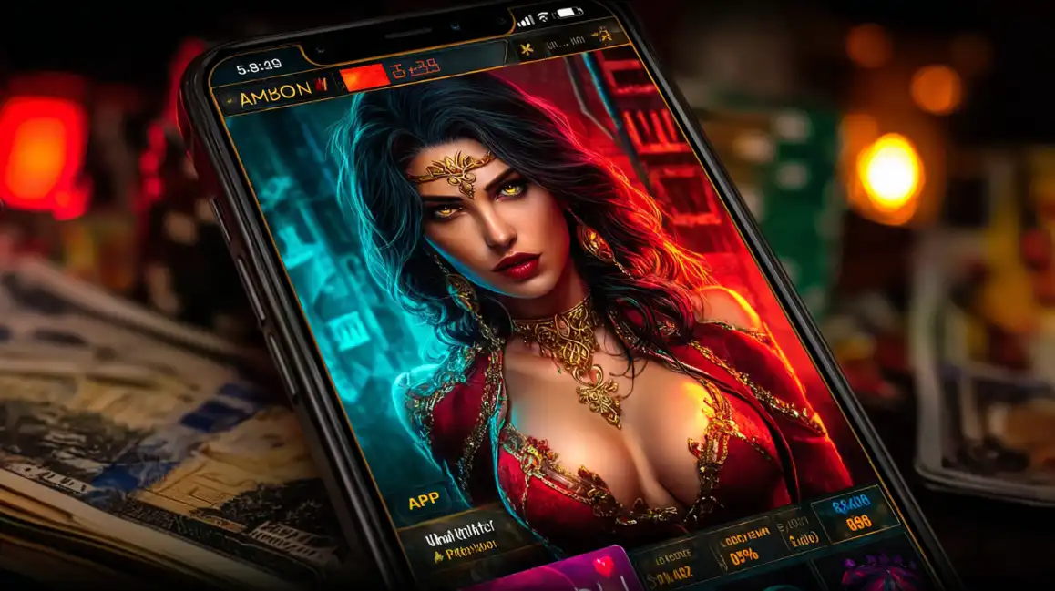 Mobile phone displaying casino app featuring Amazon warrior woman with golden jewelry and red outfit in fantasy setting