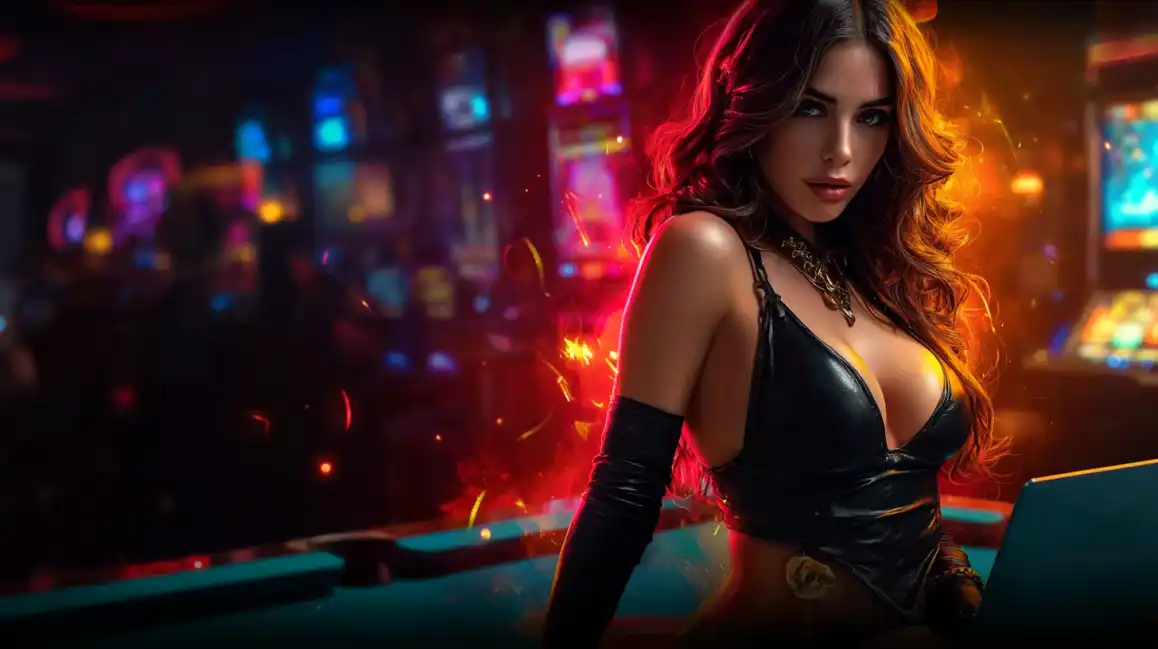 Stunning brunette woman in black leather outfit with golden necklace in vibrant casino setting with colorful neon lights
