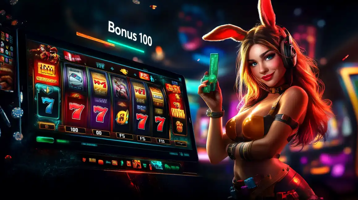 Blonde woman in bunny costume holding green bottle next to slot machine displaying Bonus 100 and 777 jackpot symbols
