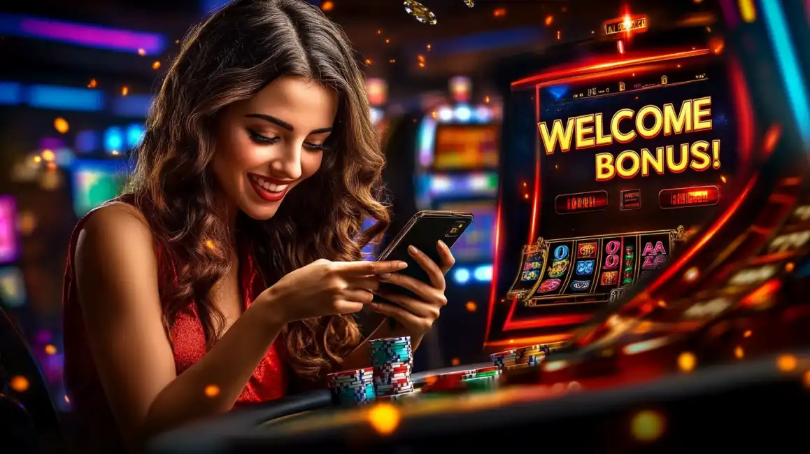 Smiling brunette woman in red dress using smartphone at casino table with Welcome Bonus slot machine display