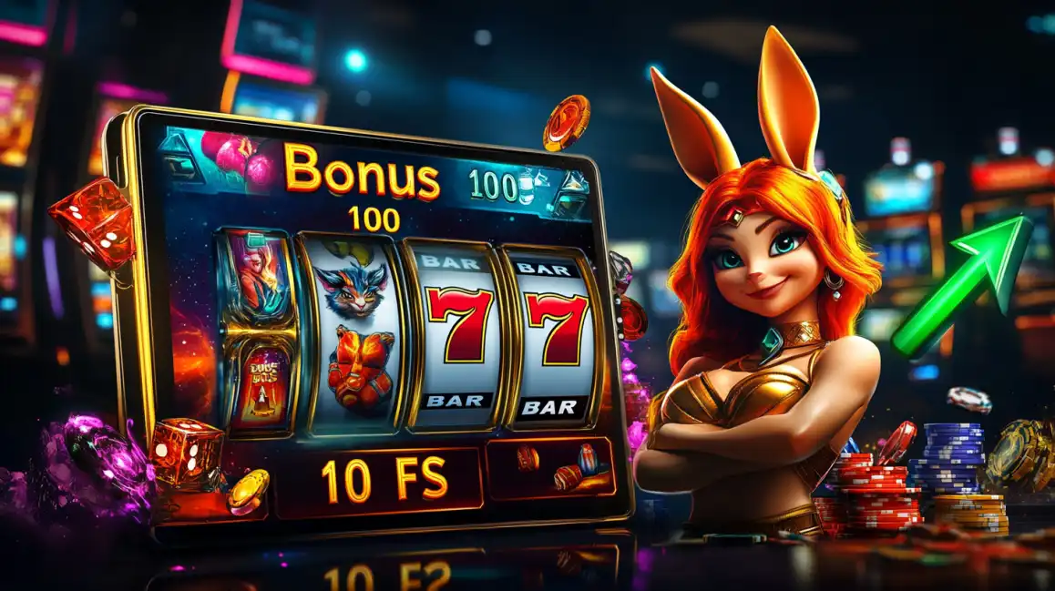 Cute animated bunny girl character next to slot machine showing Bonus 100% and 777 symbols with dice and chips