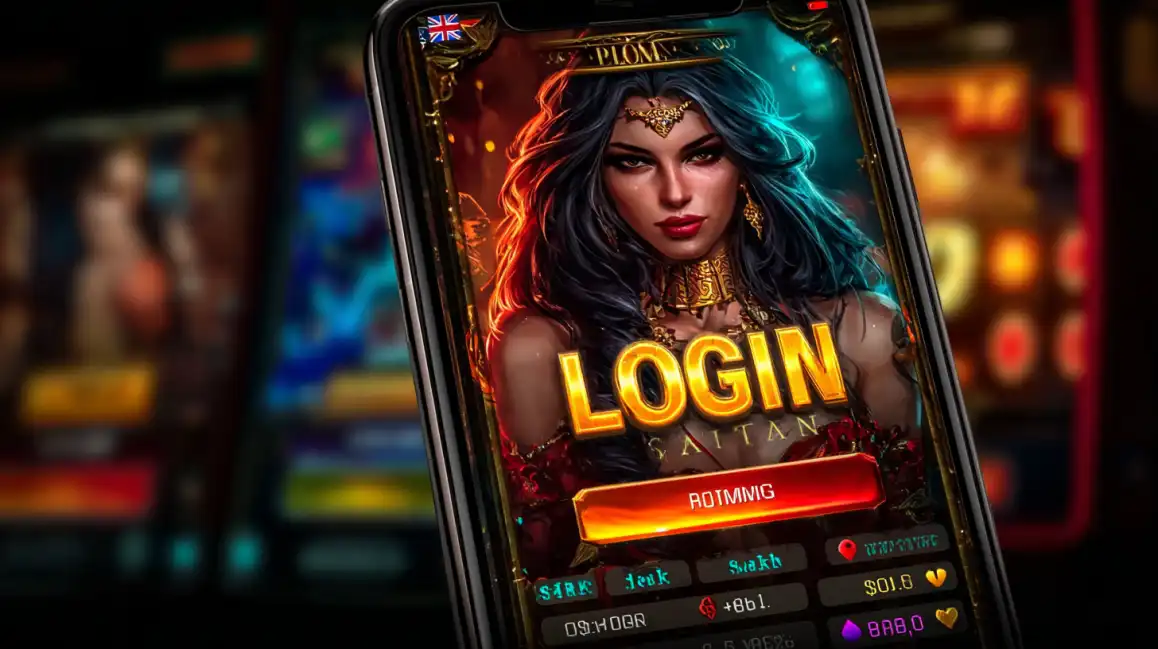 Smartphone displaying casino login screen with mystical fantasy woman character featuring golden jewelry and dark theme