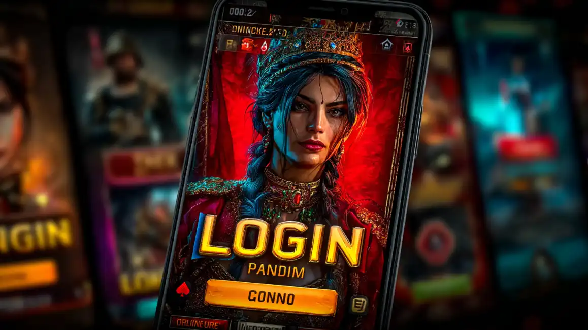 Mobile device showing Login Pandim casino interface featuring fantasy princess with crown and ornate golden armor