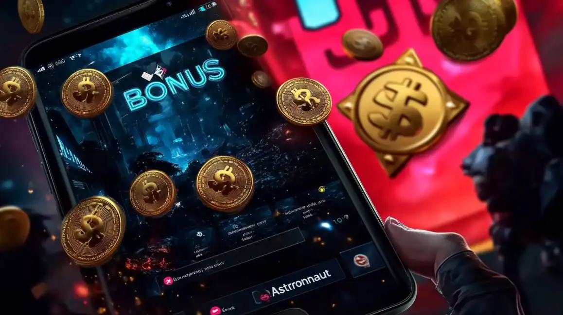 Smartphone displaying bonus casino app interface with floating golden dollar coins and Astronaut branding in colorful lighting