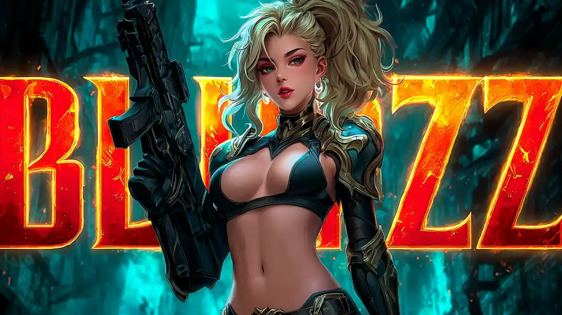 Blonde warrior woman in black tactical outfit holding assault rifle with fiery Blaze text in jungle background