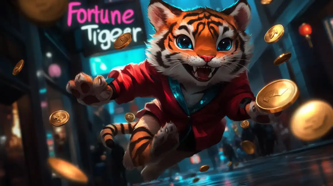 Cute animated tiger character in red outfit with floating golden coins representing Fortune Tiger casino game