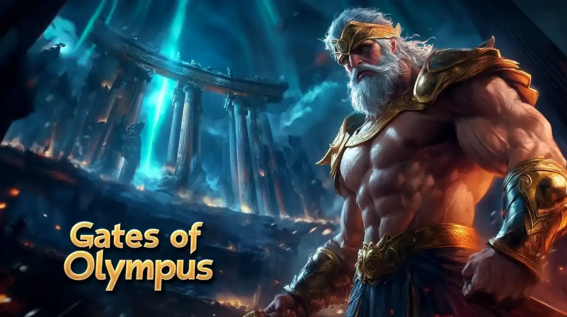 Powerful bearded Zeus warrior god with golden armor in ancient Greek temple representing Gates of Olympus slot game