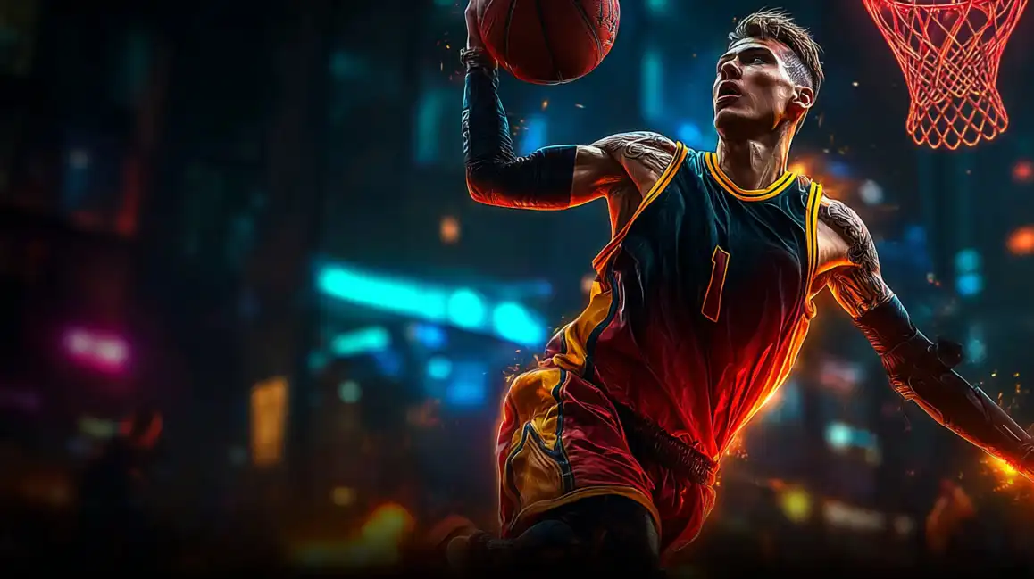 Athletic basketball player in red and yellow uniform performing slam dunk with basketball hoop for sports betting
