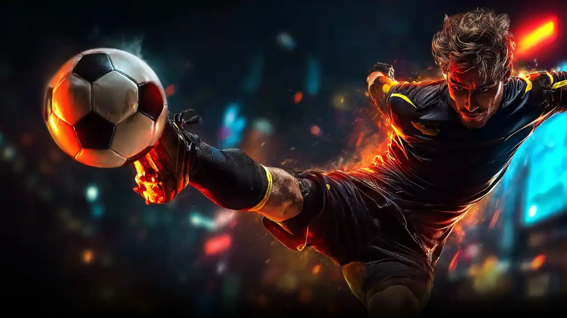 Dynamic football player in black uniform kicking flaming soccer ball with dramatic lighting for sports betting theme