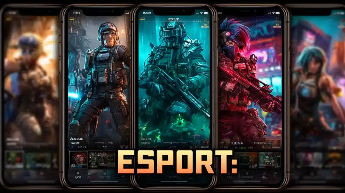 Multiple smartphones displaying ESPORT betting applications featuring military tactical soldiers and gaming characters