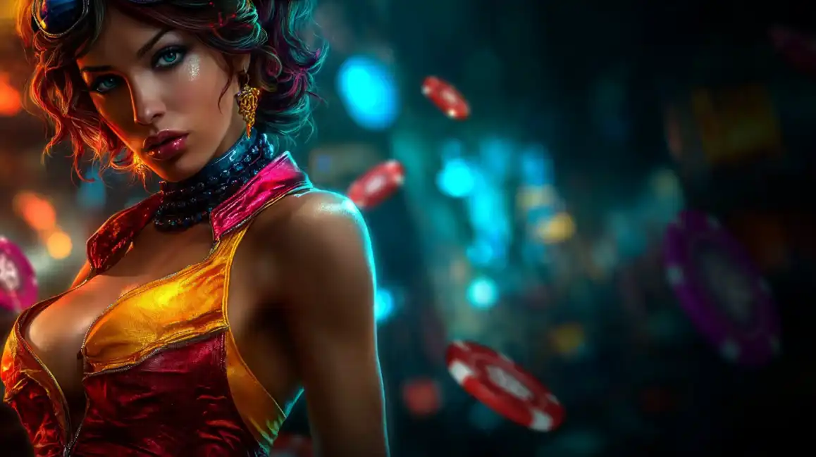 Beautiful woman with colorful hair in golden and red dress with floating casino chips in luxurious casino environment
